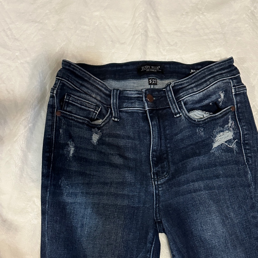 Judy Blue Dark Blue Distressed Straight Leg Jeans - Picture 5 of 6